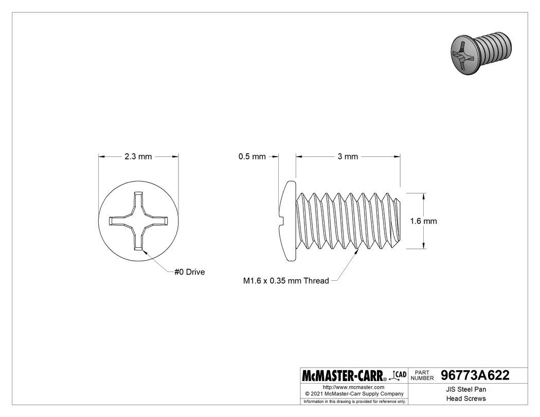 Technical Drawing of JIS Steel Pan Head Screws, M1.6 x 0.35 mm Thread, 3mm Long.